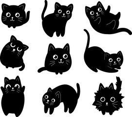 Cute black cats character in editable color. Funny pet characters.