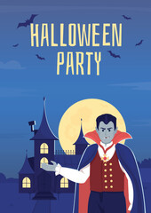 Halloween party in vampire castle flat vector banner template. Gothic decor. Spooky horror poster, leaflet printable color designs. Editable flyer page with text space. Bahiana Regular font used