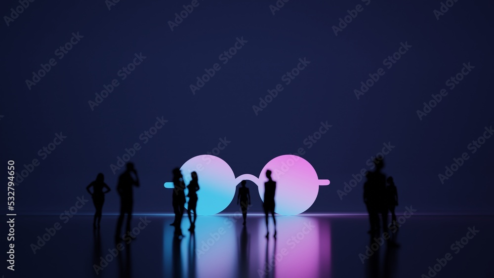 Poster 3d rendering people in front of symbol of round glasses on background