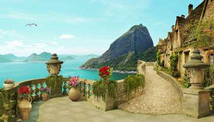 Mountain village sea view - Illustration