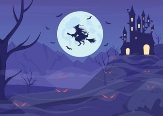 Flying witch on broomstick flat color vector illustration. Full moon magic. Scary aesthetic for fall festival. Fully editable 2D simple cartoon character with spooky Halloween night on background