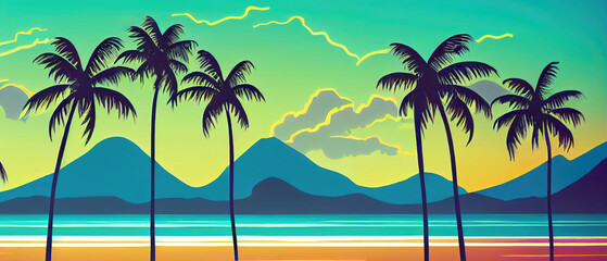 Fototapeta na wymiar Beach sky sea vacation palm trees, illustration
