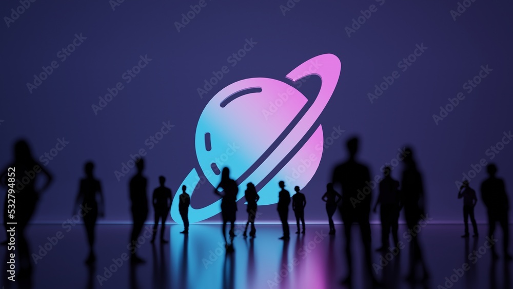 Poster 3d rendering people in front of symbol of saturn on background