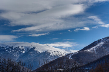 Sunny winter scene with forest mountains