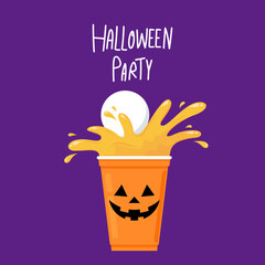 Halloween face on plastic cup. Party cup isolated. background, vector illustration. Halloween beer cup vector. Beer pong. Halloween face on plastic cup.
