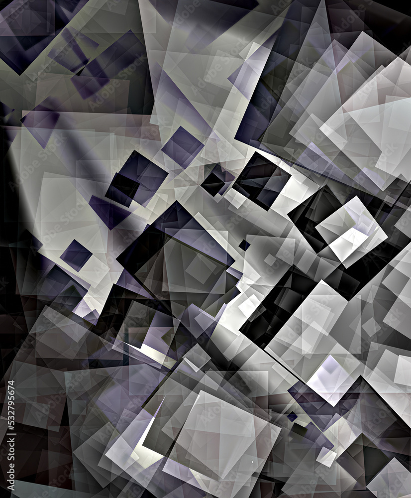 Poster an abstract random pattern of black and white squares with light and shade and purple tint