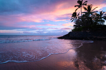 Colorful sunrise on the beach with ocean waves coming on shore with palm tree silhouettes and pretty pink and blue skies in Maui Hawaii 