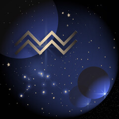 Horoscope zodiac Aquarius constellation simple icon on dark blue color background
