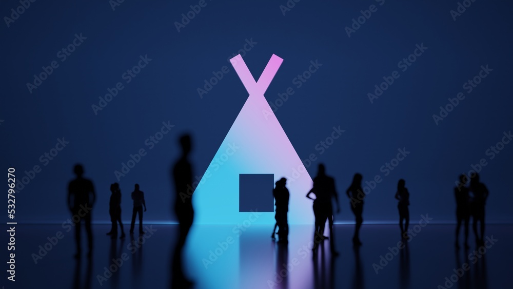 Poster 3d rendering people in front of symbol of tent on background