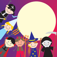 Halloween party, banner, group of children in carnival masks, funny vector illustration on purple background, moon - your text, invitation card