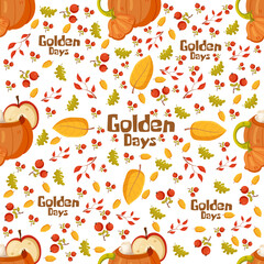 Autumn hand drawn seamless pattern with seasonal elements on white background. Great for fabric, wallpaper, textile, packaging. Vector illustration.