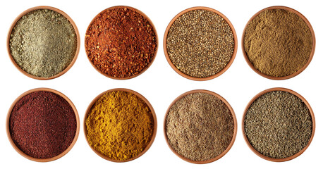 Set mix seasoning, spicy chili pepper flakes, coriander seeds, Tikka  masala spice powder mix, sumac, caribbean curry pile, milled linseed, Anise seeds spice, top view - obrazy, fototapety, plakaty