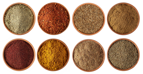 Set mix seasoning, spicy chili pepper flakes, coriander seeds, Tikka  masala spice powder mix, sumac, caribbean curry pile, milled linseed, Anise seeds spice, top view
