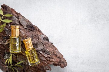 Glass bottles of perfume Oud oil. Aromatic Arabian oil