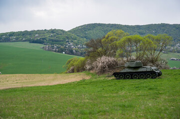 Green meadows, spring trees and Russian tanks.