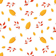 Autumn hand drawn seamless pattern with seasonal elements on white background. Great for fabric, wallpaper, textile, packaging. Vector illustration.