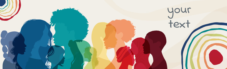 Fototapeta Group of multicultural diversity women and girls face silhouette profile. Female social network community of diverse culture. Business woman. Banner copy space. Spectrum rainbow colors obraz