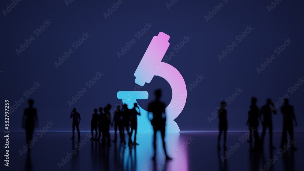 Poster 3d rendering people in front of symbol of vintage microscope on background