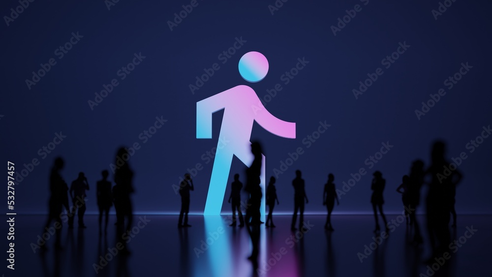 Poster 3d rendering people in front of symbol of walk on background