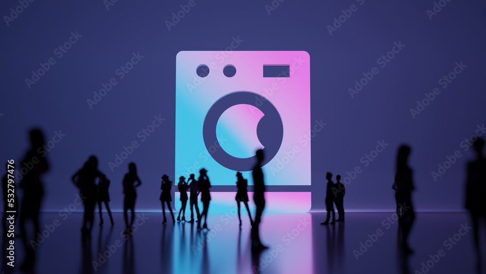Poster 3d rendering people in front of symbol of washing machine on background