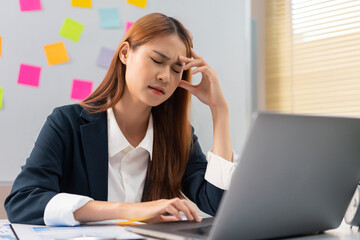 Concept of modern girl leadership, Businesswoman have headache after hard work about new startup