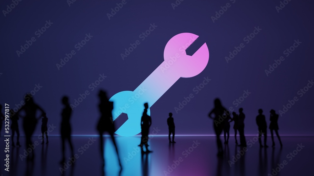 Poster 3d rendering people in front of symbol of wrench on background