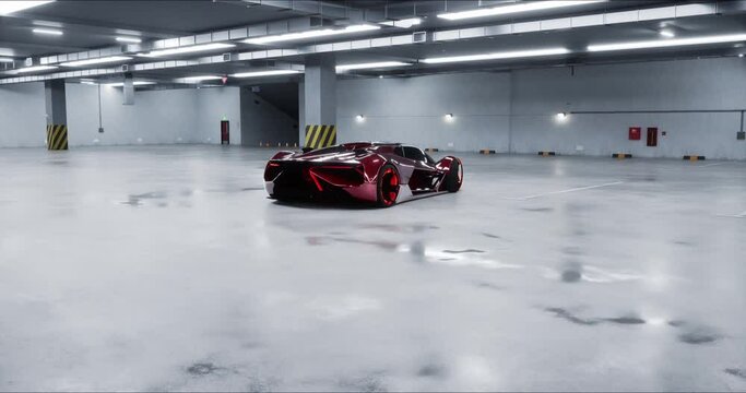 Modern Speeding Red Car With Headlights on Driving Fast through an Almost Empty Underground Parking. E-mobility Concept. 3D Rendering