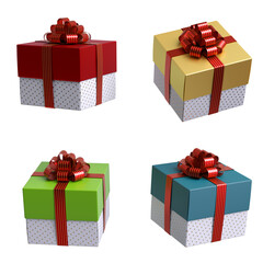 White Christmas gift boxes with red bow and ribbons. 3d illustration
