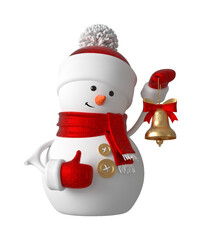 Christmas snowman holding golden bell. 3d cartoon illustration.