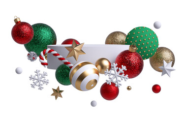 Christmas ornaments over the round white podium. Red glass balls, gold and crystal stars.