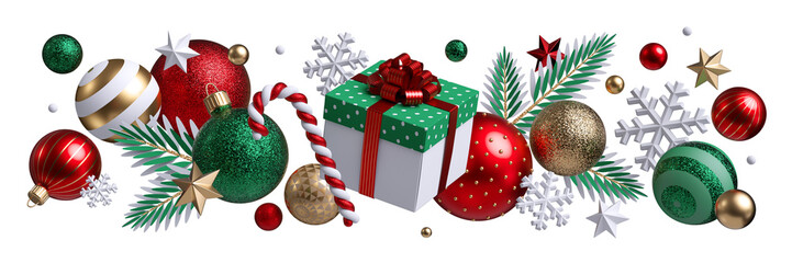 Christmas ornaments over the gift box. Red glass balls, gold and crystal stars.