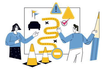 Driving license learning, flat vector illustration isolated on white background. Driver license exam and Traffic rules studying in driving school.