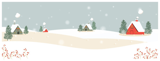 Fototapeta na wymiar Vector illustration of a Christmas winter landscape.Background winter landscape with snow flake,hut and sky.Minimal winter concept.