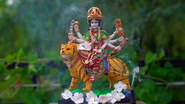 Goddess Durga with traditional look in close up view. Durga Puja Idol, A biggest Hindu Navratri festival in India