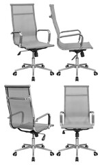 Grey office chair with mesh back. Isolated from the background. View from different sides