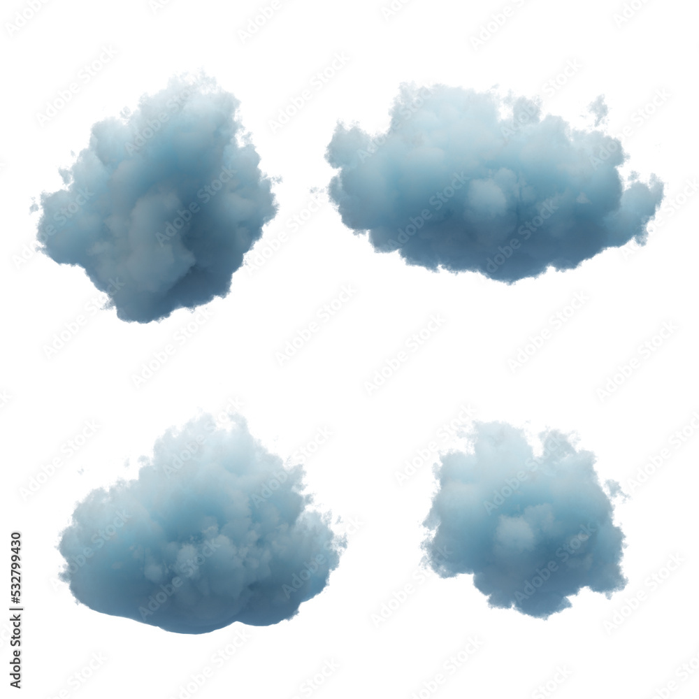 Fototapete 3d render. collection of random shapes of abstract clouds. cumulus different views, clip art isolate