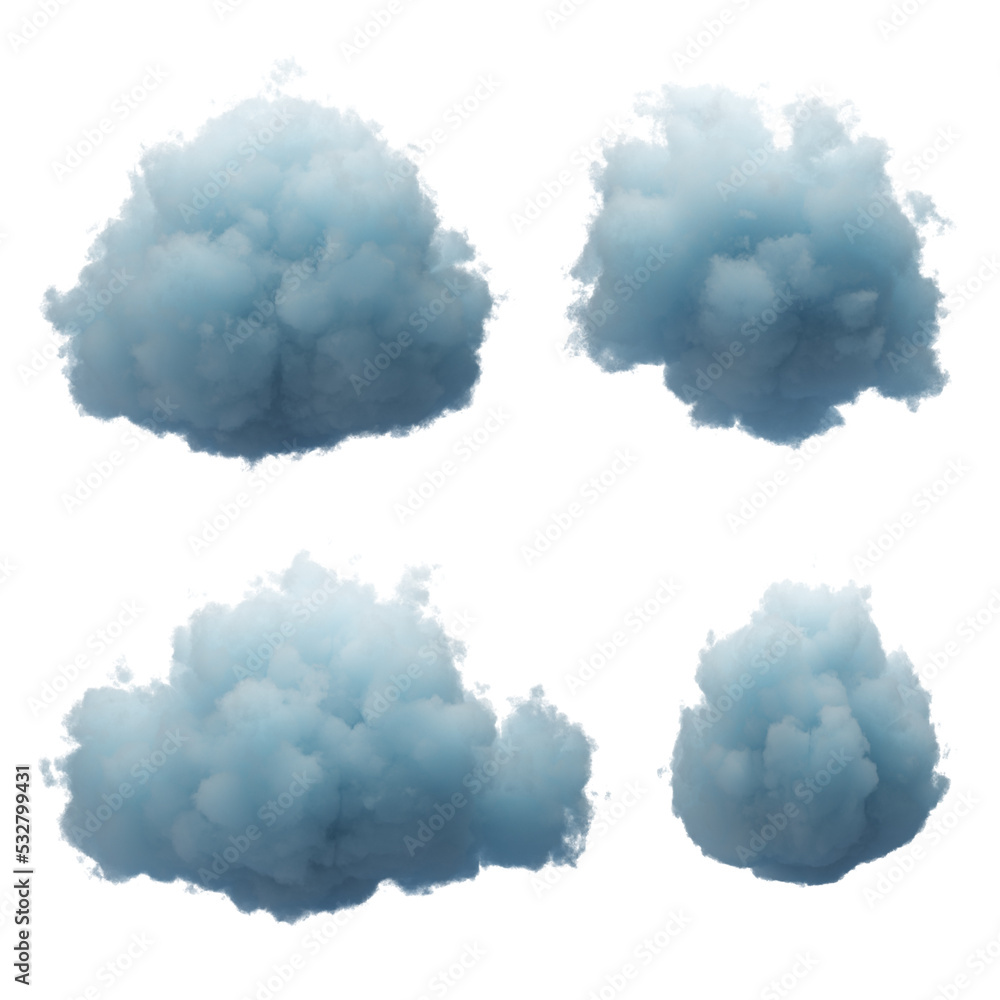 Poster 3d render. collection of random shapes of abstract clouds. cumulus different views, clip art isolate