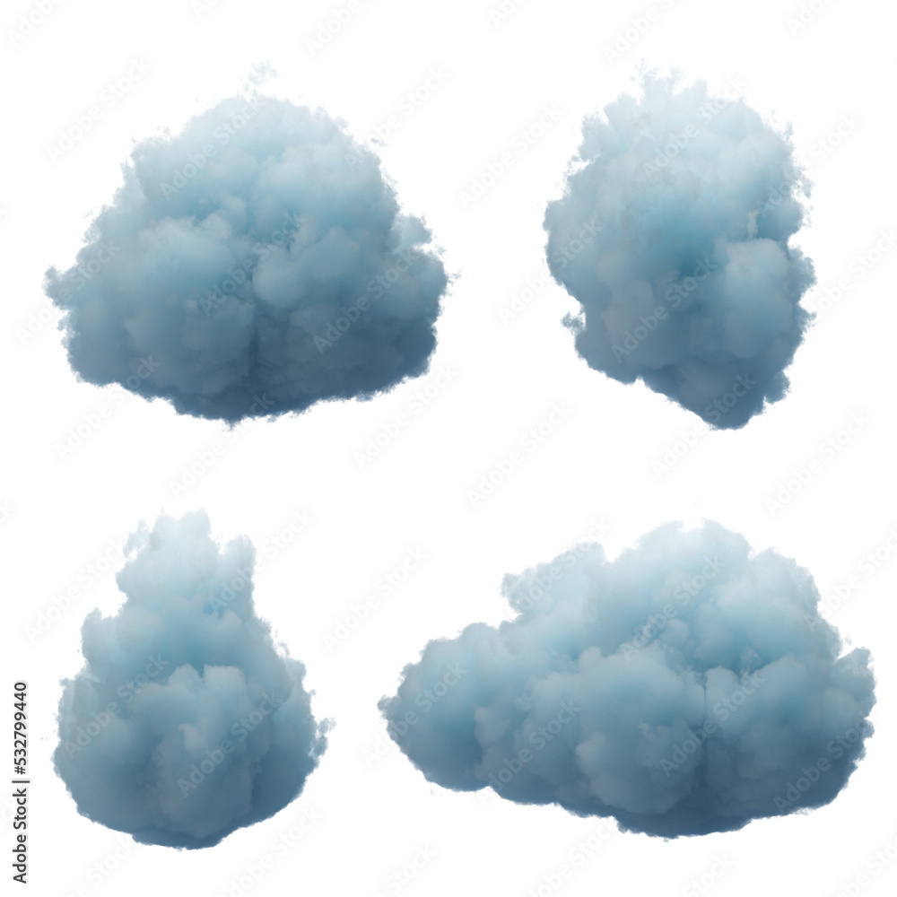 Poster 3d render. collection of random shapes of abstract clouds. cumulus different views, clip art isolate