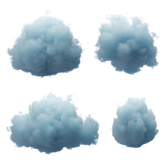 3d render. Collection of random shapes of abstract clouds. Cumulus different views, clip art isolated on transparent background