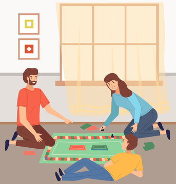 Happy parents and kid playing board game at home. Couple with teenage child enjoying fun time in living room with table game. For family entertainment, leisure, parenthood concept, mom, dad and son