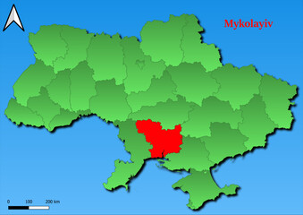 Vector Map of Ukraine with map of Mykolayiv county highlighted in red