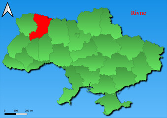 Vector Map of Ukraine with map of Rivne county highlighted in red