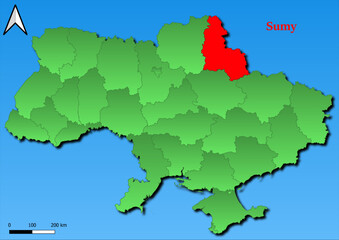 Fototapeta premium Vector Map of Ukraine with map of Sumy county highlighted in red