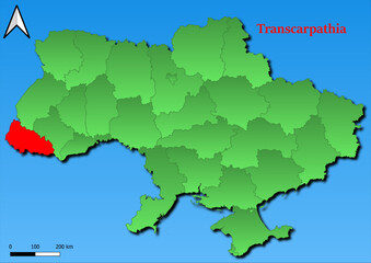 Vector Map of Ukraine with map of Transcarpathia county highlighted in red