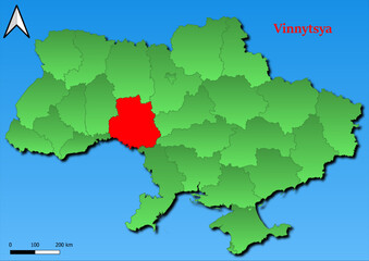 Vector Map of Ukraine with map of Vinnytsya  county highlighted in red