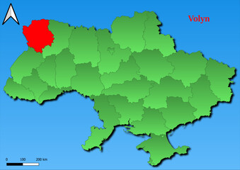 Vector Map of Ukraine with map of Volyn  county highlighted in red