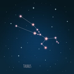 Illustration Taurus constellation, astronomical, dark blue starry sky, starlight, cosmos. © iryna