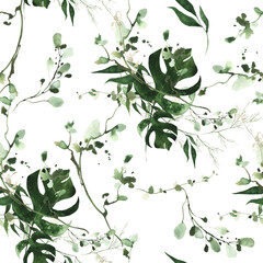 Watercolor exotic leaves seamless pattern on white background. Tropic green monstera leaves, eucalyptus branches.