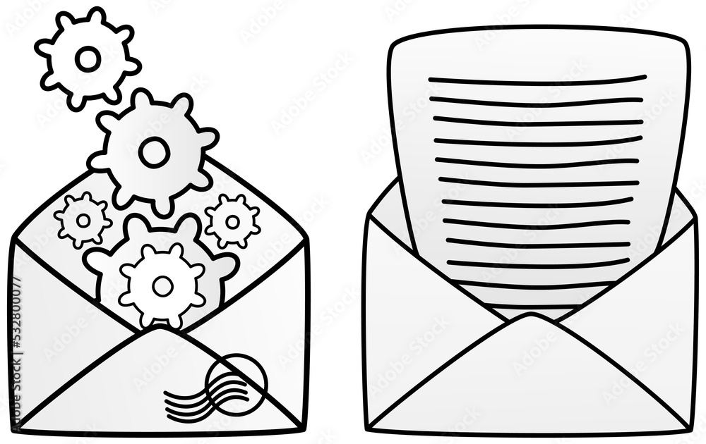 Aufkleber open envelope with paper sheet and gears symbol of email. communication via electronic mail concept.