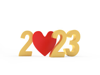 Golden number 2023 with red heart icon. 3D illustration